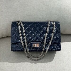 CHANEL Navy Patent 2.55 Reissue 227 Double Flap SHW